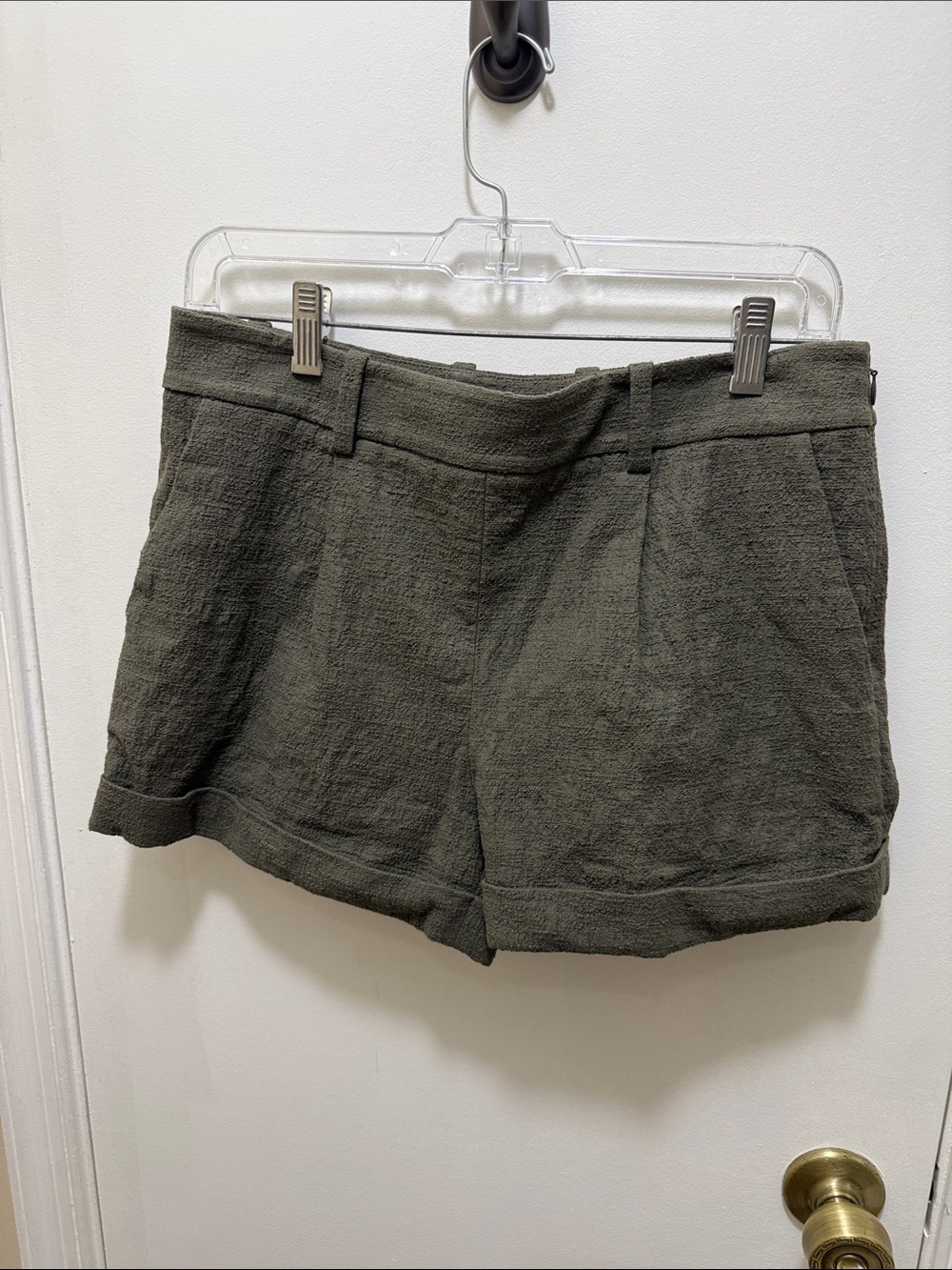Diane von Furstenberg Textured Olive Green Women's Cotton Pleated Shorts